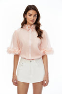 Fern Pink Short Sleeve Blouse with 3D Florals - Aura Muse