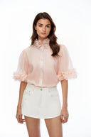 Fern Pink Short Sleeve Blouse with 3D Florals - Aura Muse