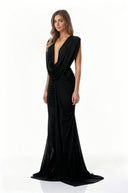 Fernande Black Asymmetrical Draped Maxi Gown - Aura Muse
