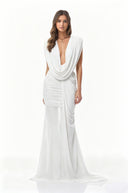 Fernande Black Asymmetrical Draped Maxi Gown - Aura Muse