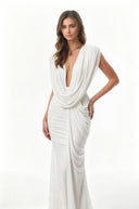 Fernande Black Asymmetrical Draped Maxi Gown - Aura Muse