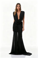 Fernande Black Asymmetrical Draped Maxi Gown - Aura Muse