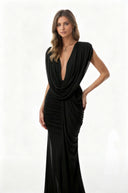 Fernande Black Asymmetrical Draped Maxi Gown - Aura Muse