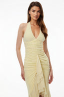 Fernande Butter Yellow Halterneck Ruched Maxi Dress - Aura Muse