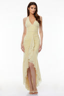 Fernande Butter Yellow Halterneck Ruched Maxi Dress - Aura Muse