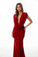 Fernande Red Asymmetrical Draped Maxi Gown - Aura Muse