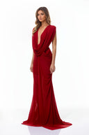 Fernande Red Asymmetrical Draped Maxi Gown - Aura Muse