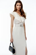 Fiona White V-Neck Ruched Maxi Dress with Slit - Aura Muse