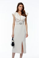 Fiona White V-Neck Ruched Maxi Dress with Slit - Aura Muse