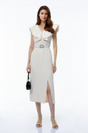 Fiona White V-Neck Ruched Maxi Dress with Slit - Aura Muse