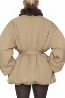 Fleur Khaki Belted Fur Panel Puffer Jacket - Aura Muse