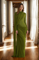 Francesca Green Asymmetrical Ribbon Draped Maxi Dress - Aura Muse