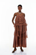 Genevieve Chocolate Brown Tiered Maxi Dress with Lace Trim - Aura Muse