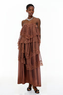 Genevieve Chocolate Brown Tiered Maxi Dress with Lace Trim - Aura Muse