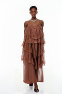 Genevieve Chocolate Brown Tiered Maxi Dress with Lace Trim - Aura Muse