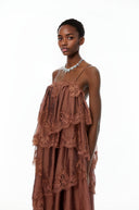 Genevieve Chocolate Brown Tiered Maxi Dress with Lace Trim - Aura Muse