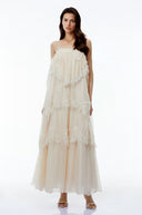 Genevieve Cream White Tiered Maxi Dress with Lace Trim - Aura Muse