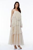 Genevieve Cream White Tiered Maxi Dress with Lace Trim - Aura Muse