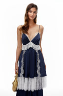Ghislaine Navy Blue Ruffled Maxi Dress with Lace Trim - Aura Muse