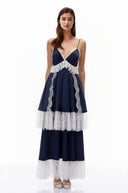 Ghislaine Navy Blue Ruffled Maxi Dress with Lace Trim - Aura Muse