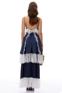 Ghislaine Navy Blue Ruffled Maxi Dress with Lace Trim - Aura Muse