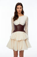 Ginette Cream Color Block Puffball Mini Dress - Aura Muse