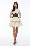 Ginette Cream Color Block Puffball Mini Dress - Aura Muse