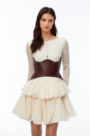 Ginette Cream Color Block Puffball Mini Dress - Aura Muse