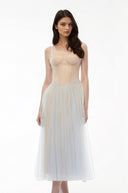 Gladys Dusty Blue Pleated Mesh Midi Dress - Aura Muse
