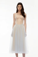 Gladys Dusty Blue Pleated Mesh Midi Dress - Aura Muse