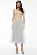 Gladys Dusty Blue Pleated Mesh Midi Dress - Aura Muse