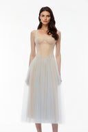 Gladys Dusty Blue Pleated Mesh Midi Dress - Aura Muse