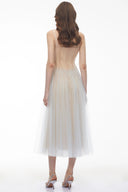 Gladys Dusty Blue Pleated Mesh Midi Dress - Aura Muse