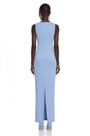 Gloria Blue Ruched Maxi Dress with Metal Buckles - Aura Muse