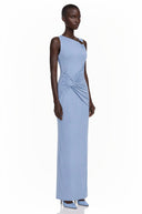 Gloria Blue Ruched Maxi Dress with Metal Buckles - Aura Muse