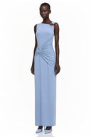 Gloria Blue Ruched Maxi Dress with Metal Buckles - Aura Muse