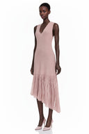 Gloria Pink Pleated Midi Dress with Asymmetrical Hem - Aura Muse