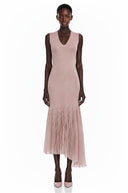 Gloria Pink Pleated Midi Dress with Asymmetrical Hem - Aura Muse