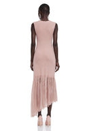 Gloria Pink Pleated Midi Dress with Asymmetrical Hem - Aura Muse