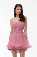 Grainne Rose Pink Off Shoulder Ruched Mini Dress with Ribbon - Aura Muse