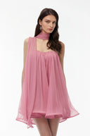 Grainne Rose Pink Off Shoulder Ruched Mini Dress with Ribbon - Aura Muse