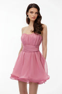 Grainne Rose Pink Off Shoulder Ruched Mini Dress with Ribbon - Aura Muse