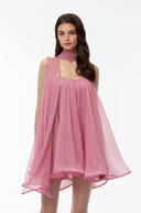 Grainne Rose Pink Off Shoulder Ruched Mini Dress with Ribbon - Aura Muse