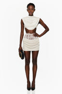 Grasse White Ruched Top & Skirt Set with Lace Trim - Aura Muse