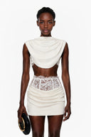 Grasse White Ruched Top & Skirt Set with Lace Trim - Aura Muse