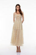 Gratiana Champagne Tulle Maxi Dress with 3D Petals - Aura Muse