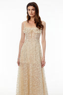 Gratiana Champagne Tulle Maxi Dress with 3D Petals - Aura Muse
