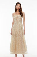 Gratiana Champagne Tulle Maxi Dress with 3D Petals - Aura Muse
