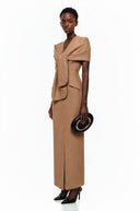 Gudrun Brown Plunge Neck Midi Dress with Self-Tie - Aura Muse