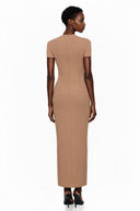 Gudrun Brown Plunge Neck Midi Dress with Self-Tie - Aura Muse